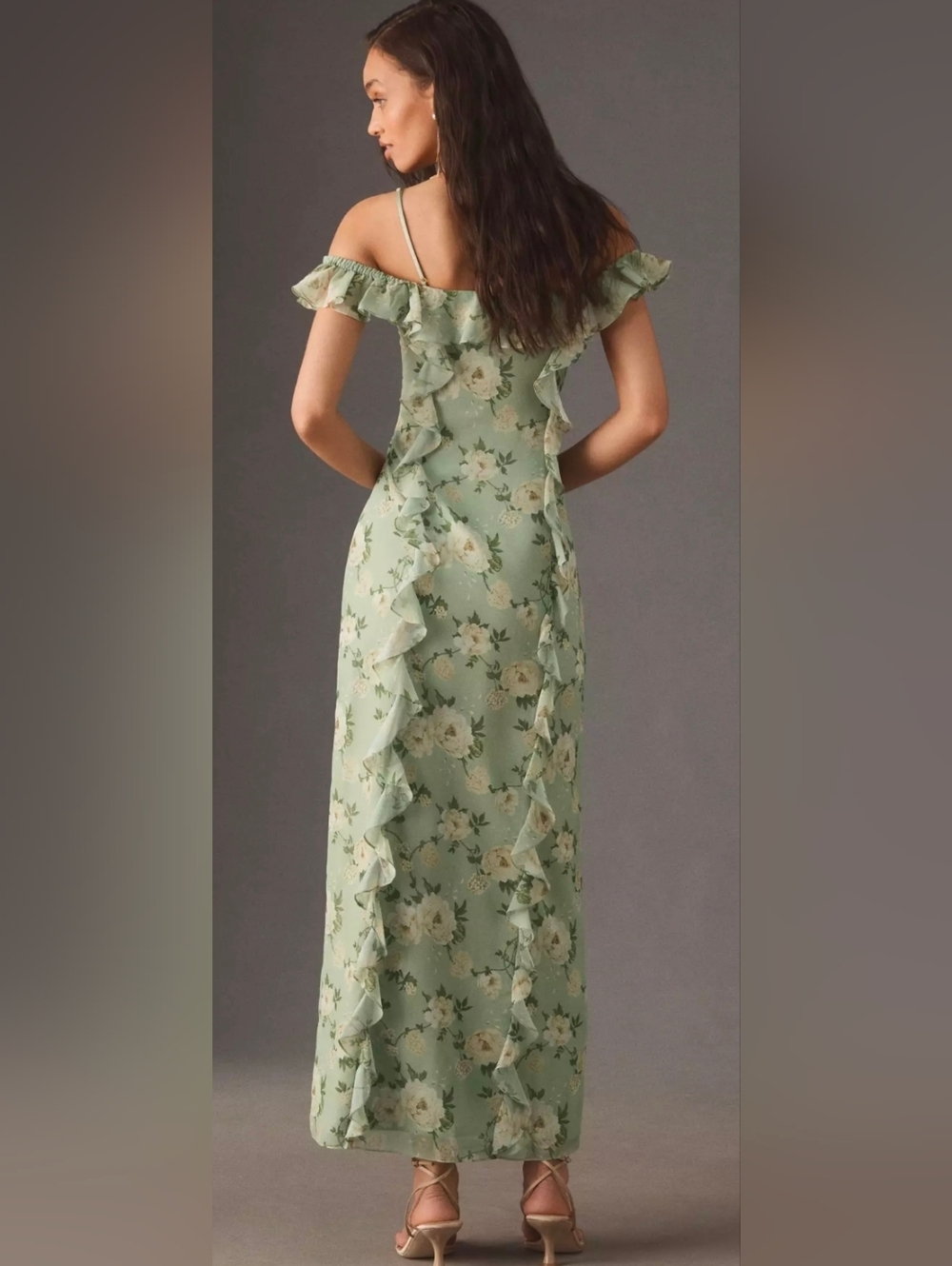 Anthropologie BHLDN Sage Green Floral Ruffle Chiffon Maxi Dress - Picture 2 of 4